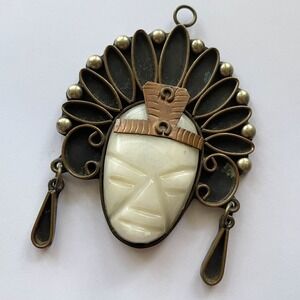 Large Vintage Mexican‎ Carved White Onyx Aztec Warrior Pendant Copper Brass